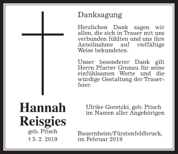 Traueranzeige von Hannah Reisgies von Wetterauer Zeitung, Wetterauer Zeitung