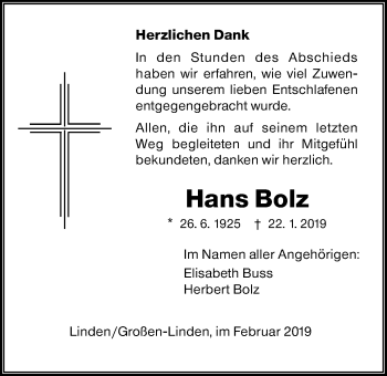 Traueranzeige von Hans Bolz von Giessener Allgemeine, Alsfelder Allgemeine