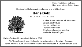Traueranzeige von Hans Bolz von Giessener Allgemeine, Alsfelder Allgemeine