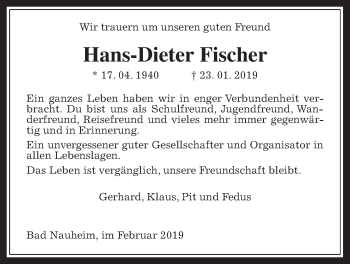 Traueranzeige von Hans-Dieter Fischer von Wetterauer Zeitung, Wetterauer Zeitung