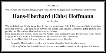 Traueranzeige von Hans-Eberhard Hoffmann von Giessener Allgemeine, Alsfelder Allgemeine
