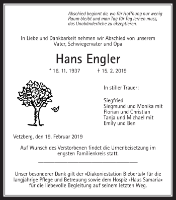 Traueranzeige von Hans Engler von Giessener Allgemeine, Alsfelder Allgemeine