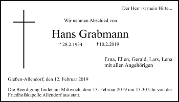 Traueranzeige von Hans Grabmann von Giessener Allgemeine, Alsfelder Allgemeine