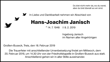 Traueranzeige von Hans-Joachim Janisch von Giessener Allgemeine, Alsfelder Allgemeine