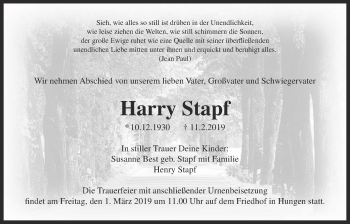 Traueranzeige von Harry Stapf von Licher Wochenblatt, Licher Wochenblatt, Licher Wochenblatt