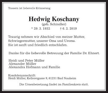 Traueranzeige von Hedwig Koschany von Wetterauer Zeitung, Wetterauer Zeitung