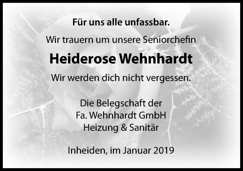  Traueranzeige für Heiderose Wehnhardt vom 02.02.2019 aus Wetterauer Zeitung, Wetterauer Zeitung