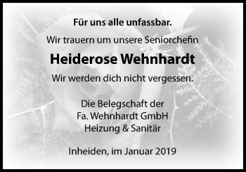 Traueranzeige von Heiderose Wehnhardt von Wetterauer Zeitung, Wetterauer Zeitung