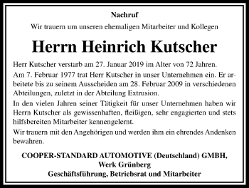 Traueranzeige von Heinrich Kutscher von Giessener Allgemeine, Alsfelder Allgemeine