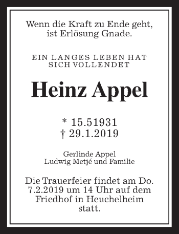 Traueranzeige von Heinz Appel von Wetterauer Zeitung, Wetterauer Zeitung, Giessener Allgemeine, Alsfelder Allgemeine