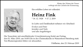 Traueranzeige von Heinz Fink von Giessener Allgemeine, Alsfelder Allgemeine