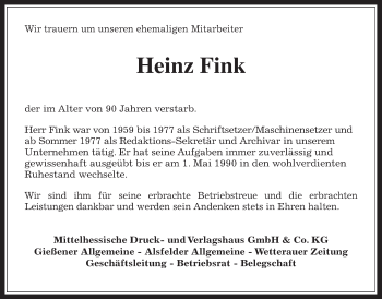 Traueranzeige von Heinz Fink von Giessener Allgemeine, Alsfelder Allgemeine