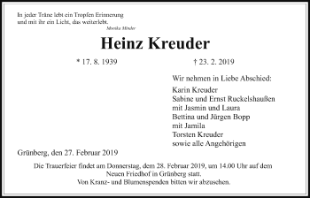 Traueranzeige von Heinz Kreuder von Giessener Allgemeine, Alsfelder Allgemeine