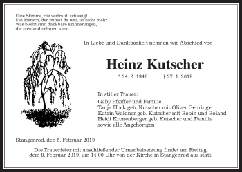 Traueranzeige von Heinz Kutscher von Giessener Allgemeine, Alsfelder Allgemeine