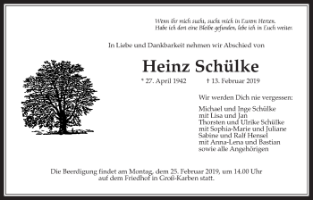 Traueranzeige von Heinz Schülke von Wetterauer Zeitung