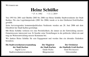 Traueranzeige von Heinz Schülke von Wetterauer Zeitung