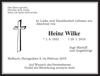 Traueranzeige von Heinz Wilke von Wetterauer Zeitung, Wetterauer Zeitung