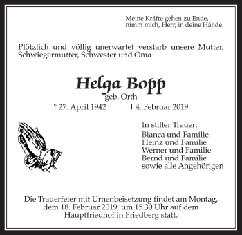 Traueranzeige von Helga Bopp von Wetterauer Zeitung, Wetterauer Zeitung