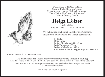 Traueranzeige von Helga Hölzer von Wetterauer Zeitung, Wetterauer Zeitung