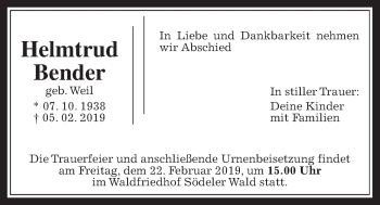 Traueranzeige von Helmtrud Bender von Wetterauer Zeitung, Wetterauer Zeitung