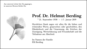 Traueranzeige von Helmut Berding von Giessener Allgemeine, Alsfelder Allgemeine