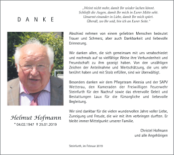 Traueranzeige von Helmut Hofmann von Wetterauer Zeitung, Wetterauer Zeitung