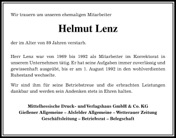 Traueranzeige von Helmut Lenz von Giessener Allgemeine, Alsfelder Allgemeine