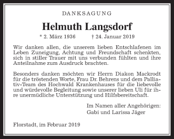 Traueranzeige von Helmuth Langsdorf von Wetterauer Zeitung, Wetterauer Zeitung