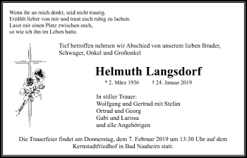 Traueranzeige von Helmuth Langsdorf von Wetterauer Zeitung, Wetterauer Zeitung