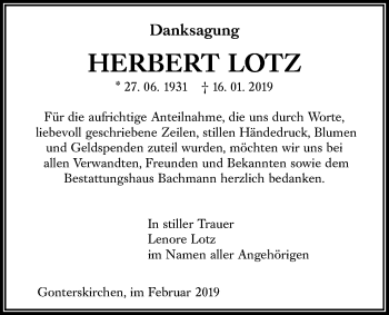 Traueranzeige von Herbert Lotz von Giessener Allgemeine, Alsfelder Allgemeine