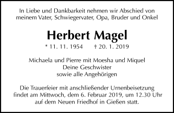 Traueranzeige von Herbert Magel von Giessener Allgemeine, Alsfelder Allgemeine
