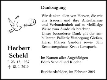 Traueranzeige von Herbert Scheld von Giessener Allgemeine, Alsfelder Allgemeine
