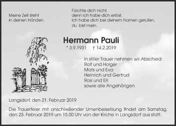 Traueranzeige von Hermann Pauli von Licher Wochenblatt, Licher Wochenblatt, Licher Wochenblatt