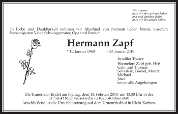 Traueranzeige von Hermann Zapf von Wetterauer Zeitung
