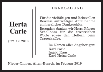 Traueranzeige von Herta Carle von Giessener Allgemeine, Alsfelder Allgemeine