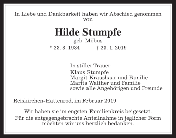 Traueranzeige von Hilde Stumpfe von Giessener Allgemeine, Alsfelder Allgemeine