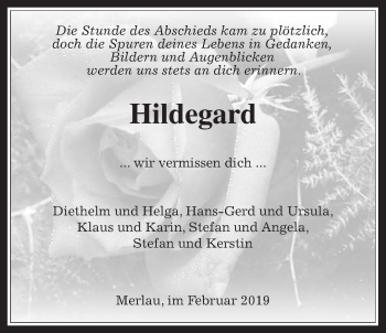 Traueranzeige von Hildegard Schlosser von Alsfelder Allgemeine