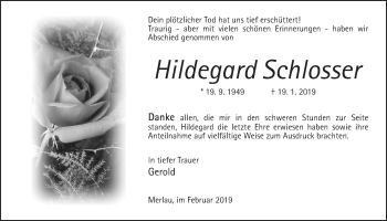 Traueranzeige von Hildegard Schlosser von Alsfelder Allgemeine