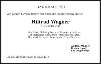 Traueranzeige von Hiltrud Wagner von Giessener Allgemeine, Alsfelder Allgemeine