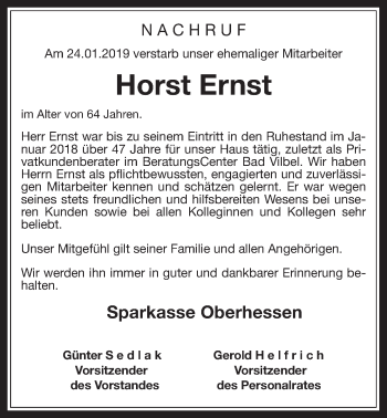 Traueranzeige von Horst Ernst von Wetterauer Zeitung, Wetterauer Zeitung