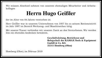 Traueranzeige von Hugo Geißler von Alsfelder Allgemeine