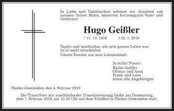 Traueranzeige von Hugo Geißler von Alsfelder Allgemeine