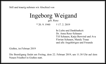 Traueranzeige von Ingeborg Weigand von Giessener Allgemeine, Alsfelder Allgemeine