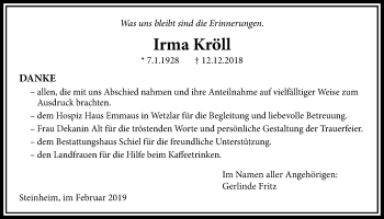 Traueranzeige von Irma Kröll von Licher Wochenblatt, Licher Wochenblatt, Licher Wochenblatt