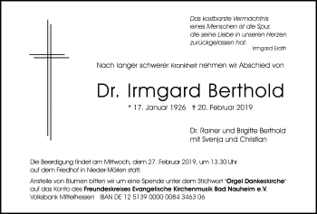 Traueranzeige von Irmgard Berthold von Wetterauer Zeitung, Wetterauer Zeitung