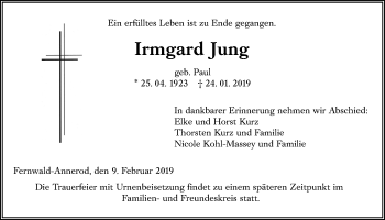 Traueranzeige von Irmgard Jung von Giessener Allgemeine, Alsfelder Allgemeine
