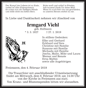 Traueranzeige von Irmgard Viehl von Giessener Allgemeine, Alsfelder Allgemeine
