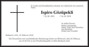 Traueranzeige von Ispiro Gözüpekli von Wetterauer Zeitung, Wetterauer Zeitung