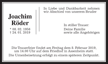Traueranzeige von Joachim Röder von Wetterauer Zeitung, Wetterauer Zeitung