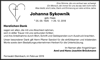 Traueranzeige von Johanna Sykownik von Giessener Allgemeine, Alsfelder Allgemeine